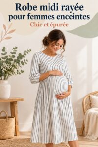 Robe midi rayée élégante pour femmes enceintes, parfaite pour le printemps