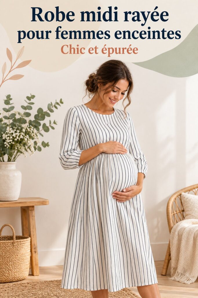 Robe midi rayée élégante pour femmes enceintes, parfaite pour le printemps