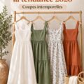 Modèle de robe carrée d'été élégante portée par une femme sur fond floral.
