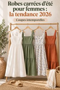 Modèle de robe carrée d'été élégante portée par une femme sur fond floral.