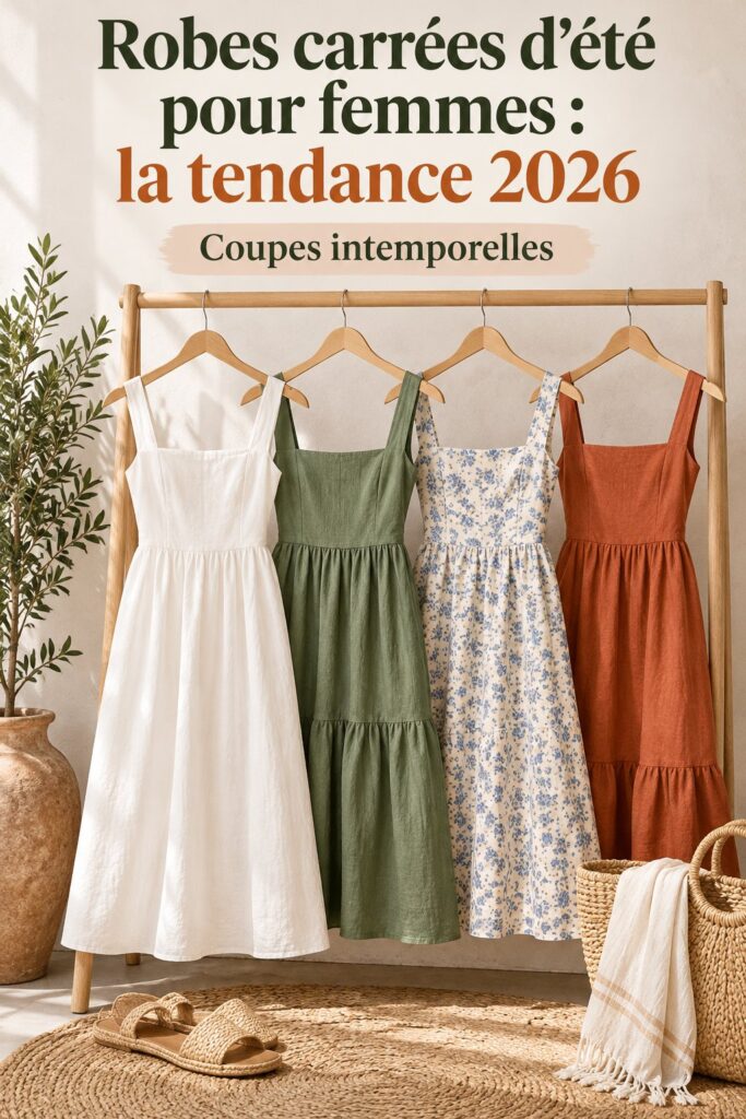 Modèle de robe carrée d'été élégante portée par une femme sur fond floral.
