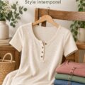 T-shirt rayé avec boutons, tendance mode 2023 pour un look féminin.