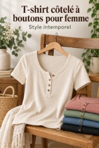 T-shirt rayé avec boutons, tendance mode 2023 pour un look féminin.