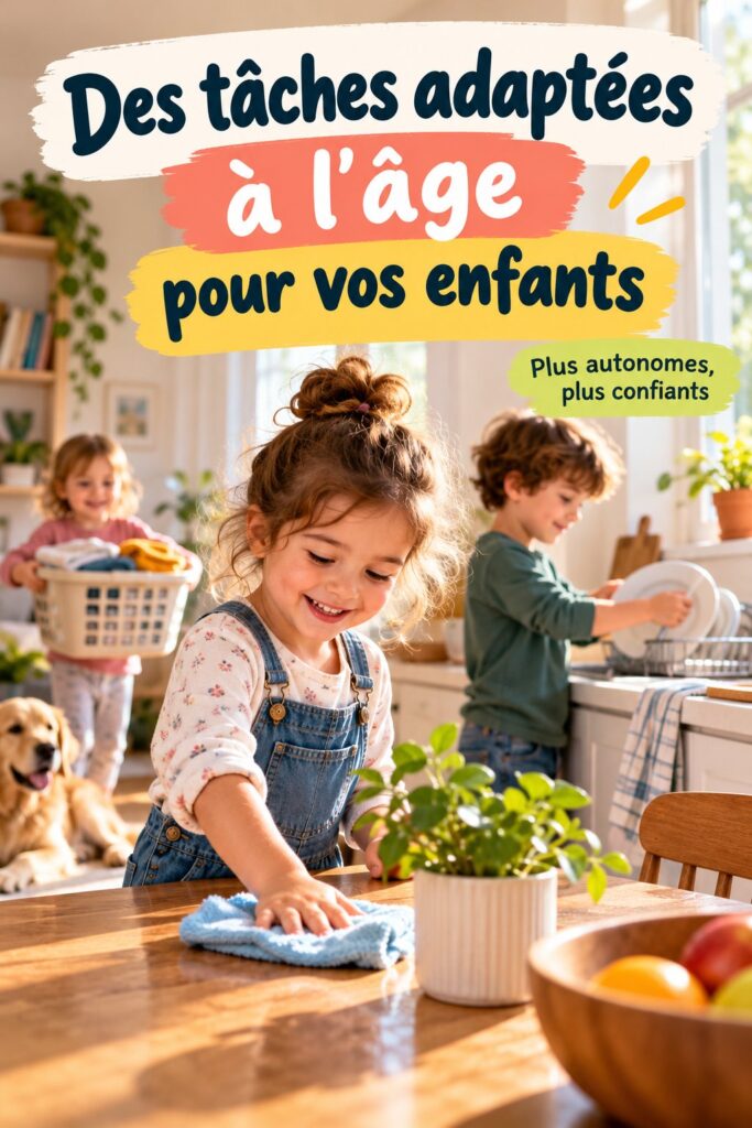Enfants s'amusant à effectuer des tâches adaptées à leur âge dans un environnement familial