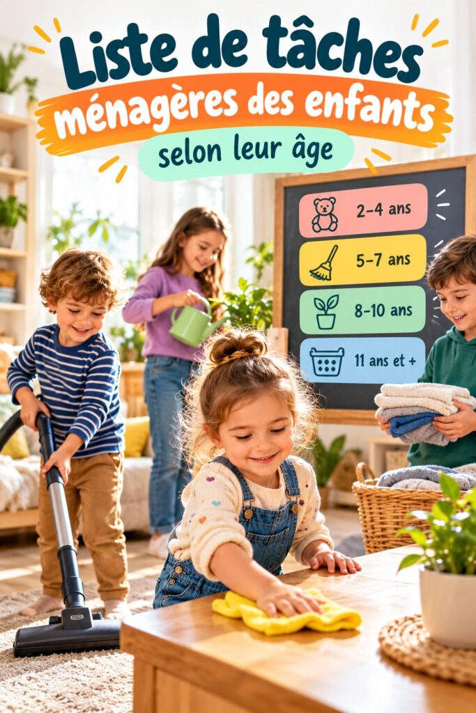 Enfants souriants participant à des tâches ménagères adaptées à leur âge.