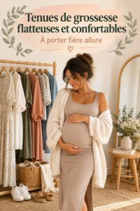 Une future maman portant une robe de maternité chic et confortable, en extérieur.