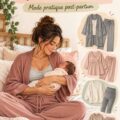 Une maman portant une tenue confortable pour son retour à la maison après l'accouchement.