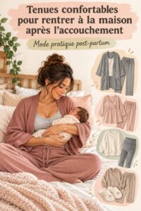 Une maman portant une tenue confortable pour son retour à la maison après l'accouchement.