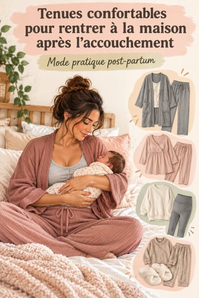 Une maman portant une tenue confortable pour son retour à la maison après l'accouchement.