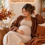 Femme enceinte portant une tenue automnale chic pour mettre en valeur son ventre.