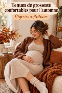 Femme enceinte portant une tenue automnale chic pour mettre en valeur son ventre.