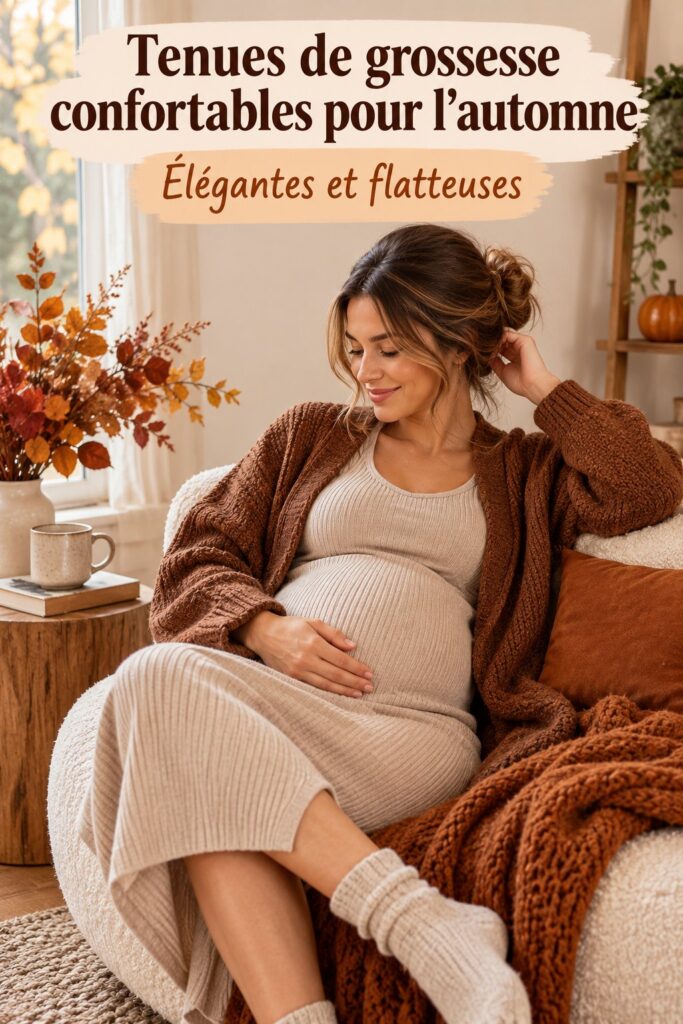 Femme enceinte portant une tenue automnale chic pour mettre en valeur son ventre.
