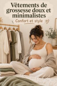 Femme enceinte dans une tenue minimaliste et élégante pour la grossesse.