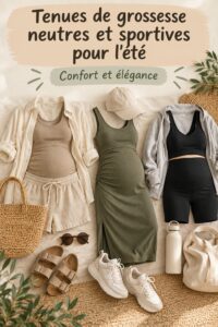 Tenue de grossesse sportive et neutre pour l'été, mettant en avant le confort et le style.