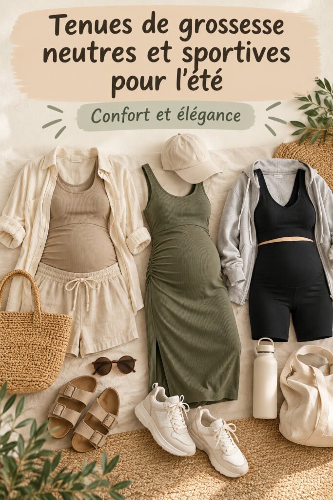 Tenue de grossesse sportive et neutre pour l'été, mettant en avant le confort et le style.