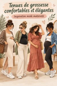 Futures mamans portant des tenues de grossesse élégantes et confortables dans un environnement calme.
