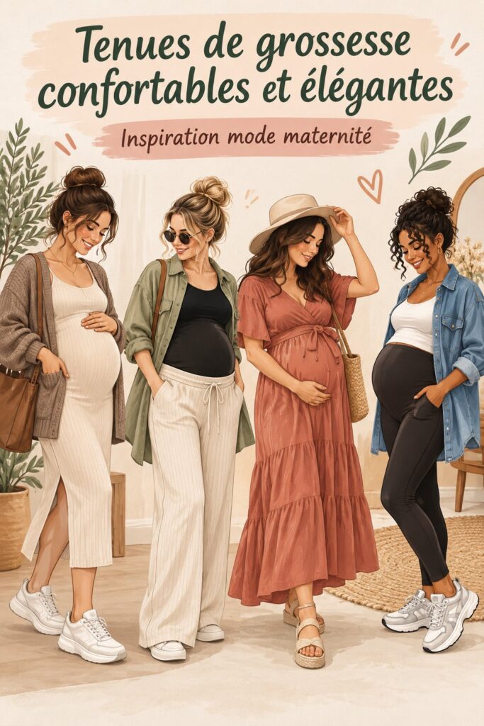 Futures mamans portant des tenues de grossesse élégantes et confortables dans un environnement calme.