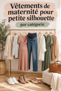 Femme enceinte en robe de maternité ajustée, adaptée aux petites tailles.