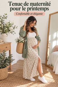 Tenue de maternité printanière avec une robe légère et des accessoires assortis.