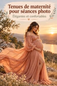 Femme enceinte posant dans une belle tenue de maternité pour une séance photo en extérieur.
