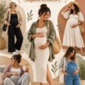 Une femme enceinte souriante portant une robe de maternité tendance.