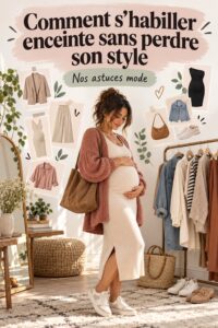 Une femme enceinte porte une robe élégante et moderne, rayonnante de confiance.