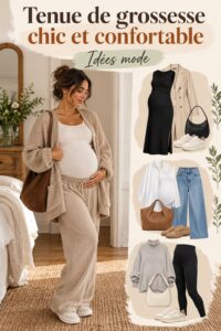 Vêtement stylé pour femme enceinte mettant en valeur le baby bump.