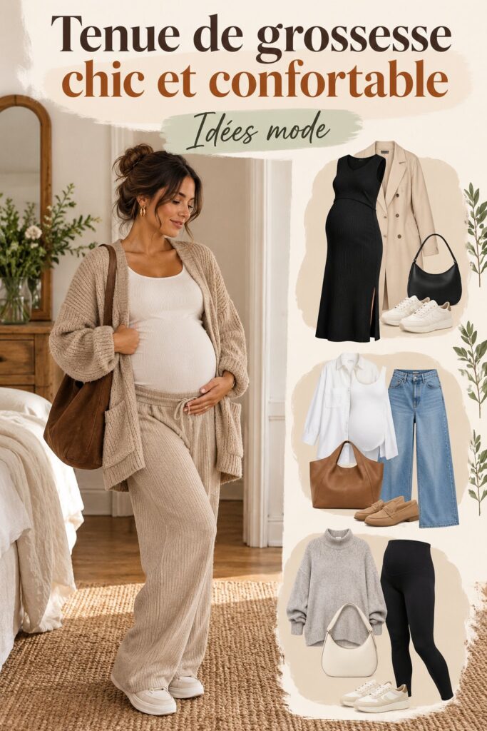 Vêtement stylé pour femme enceinte mettant en valeur le baby bump.