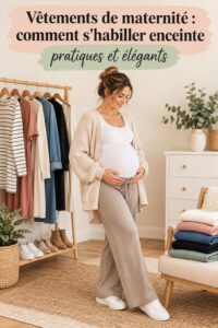 Femme enceinte souriante portant une robe de maternité élégante