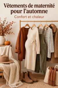 Femme enceinte portant des vêtements de maternité tendance pour la saison automnale