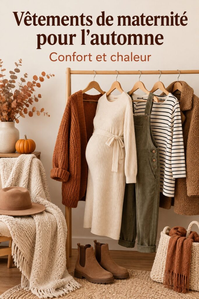 Femme enceinte portant des vêtements de maternité tendance pour la saison automnale