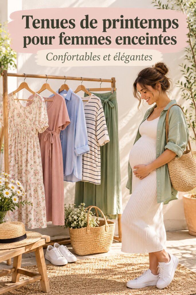 Exemple de tenues printanières chic pour femmes enceintes en 2026, alliant confort et élégance.
